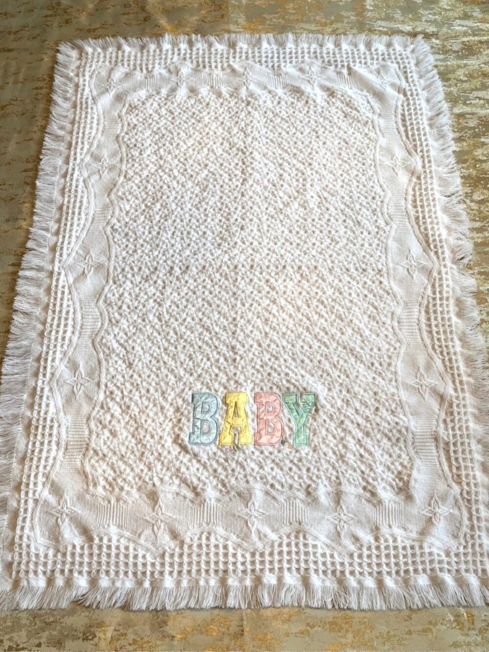 Bright Future Baby Blanket White Fringe Woven Textured Acrylic 33x47 Korea
